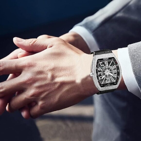 ✨ Fanmis Watches Men Black Skull Big Face Rectangle Punk Diamond Wrist Watch - Picture 3 of 6